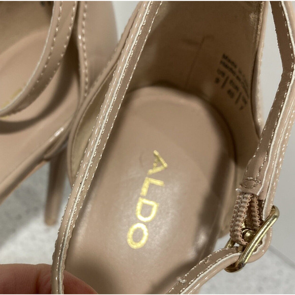 ALDO 9M Nude Patent High Heel Dressy Shoes Open Toe Ankle Strap Sexy Stilettos - Picture 6 of 10